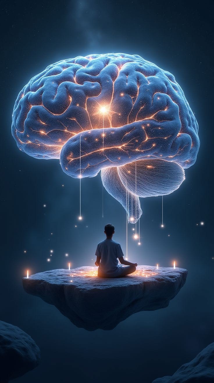 Pessoa meditando sobre uma rocha flutuante sob um cérebro iluminado